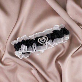 black and white bridal garter with diamante hearts
