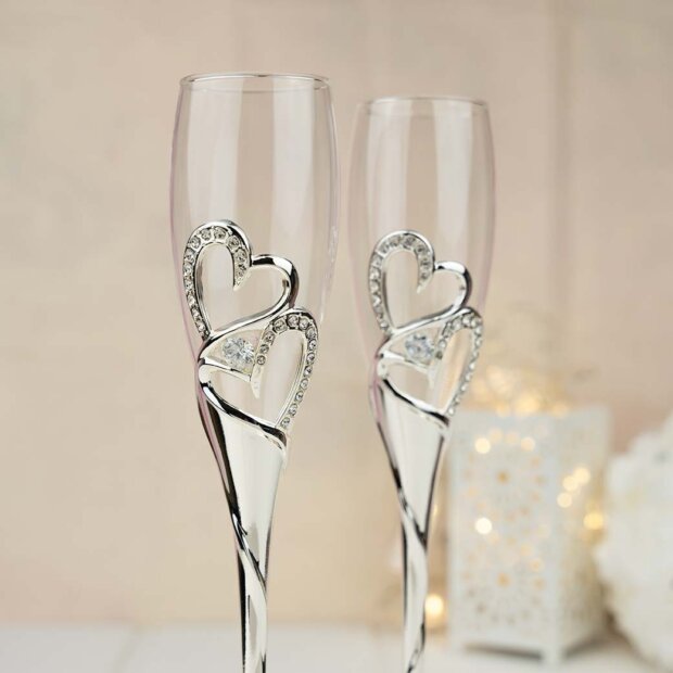 Silver Hearts Champagne Flutes