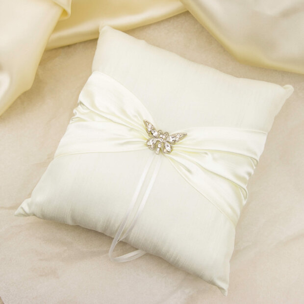 silver diamante butterfly ivory satin ring pillow