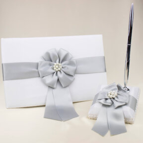 Silver Bows and Pearls Guest Book and Pen Set