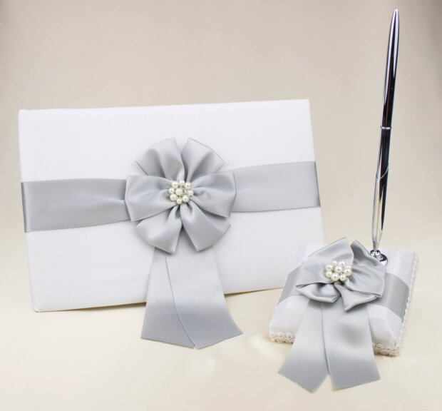 Silver Bows and Pearls Guest Book and Pen Set