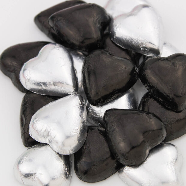 black and silver chocolate hearts