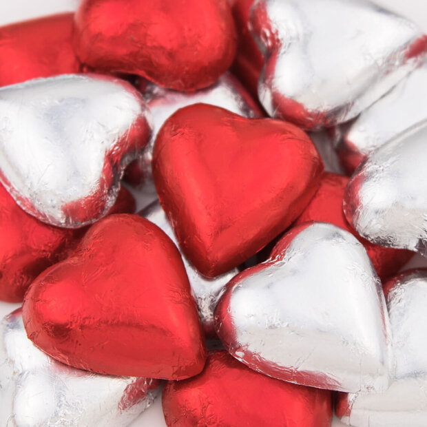 red and silver chocolate hearts