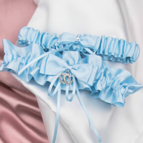 blue satin bridal garter set with bow centres and diamante love hearts