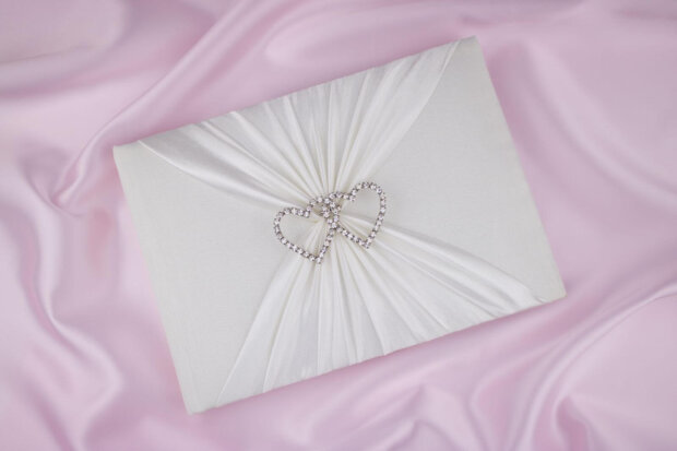 Diamante Hearts Ivory Satin Guest Book