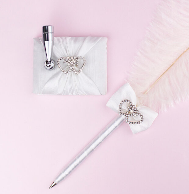feather pen with diamante hearts