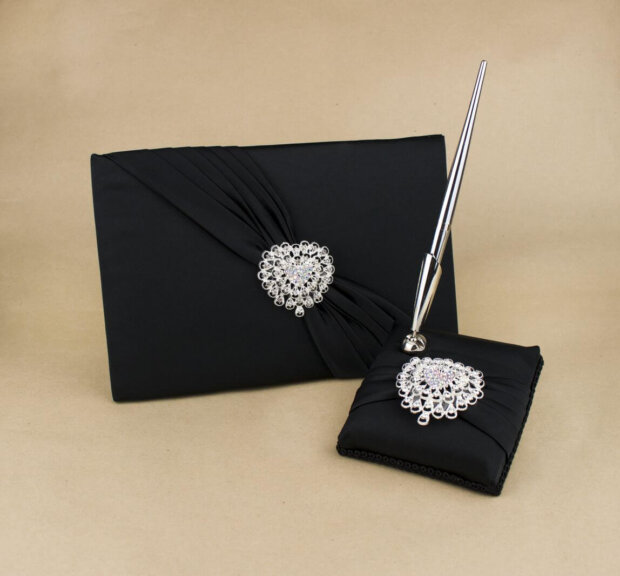 Black Satin with Jewel Hearts Guest Book and Pen Set